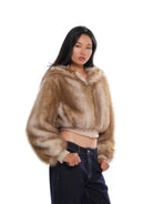 SweetChilling Faux Fur Hooded Cropped Jacket in Brown - On Female Model