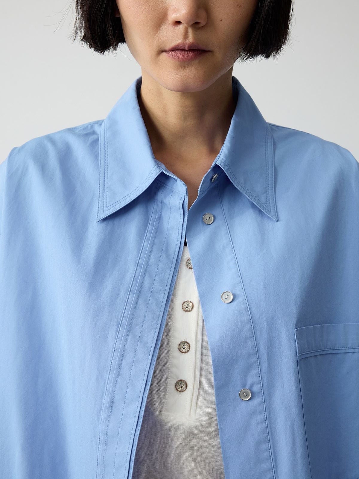 Random Piece Oversized Cotton Button Down Shirt in Sky Blue - On Female Model