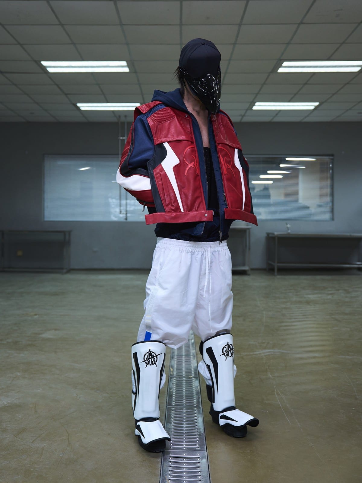 BLINDNOPLAN Layered Colorblock Racing Jacket in Red - On Model
