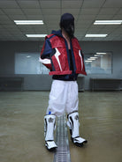 BLINDNOPLAN Layered Colorblock Racing Jacket in Red - On Model