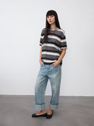 Random Piece Semi Sheer Striped Knit Top in Blue - On Female Model