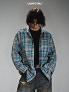 LOSTCTRL Frayed Asymmetric Plaid Shirt in Blue - On Male Model