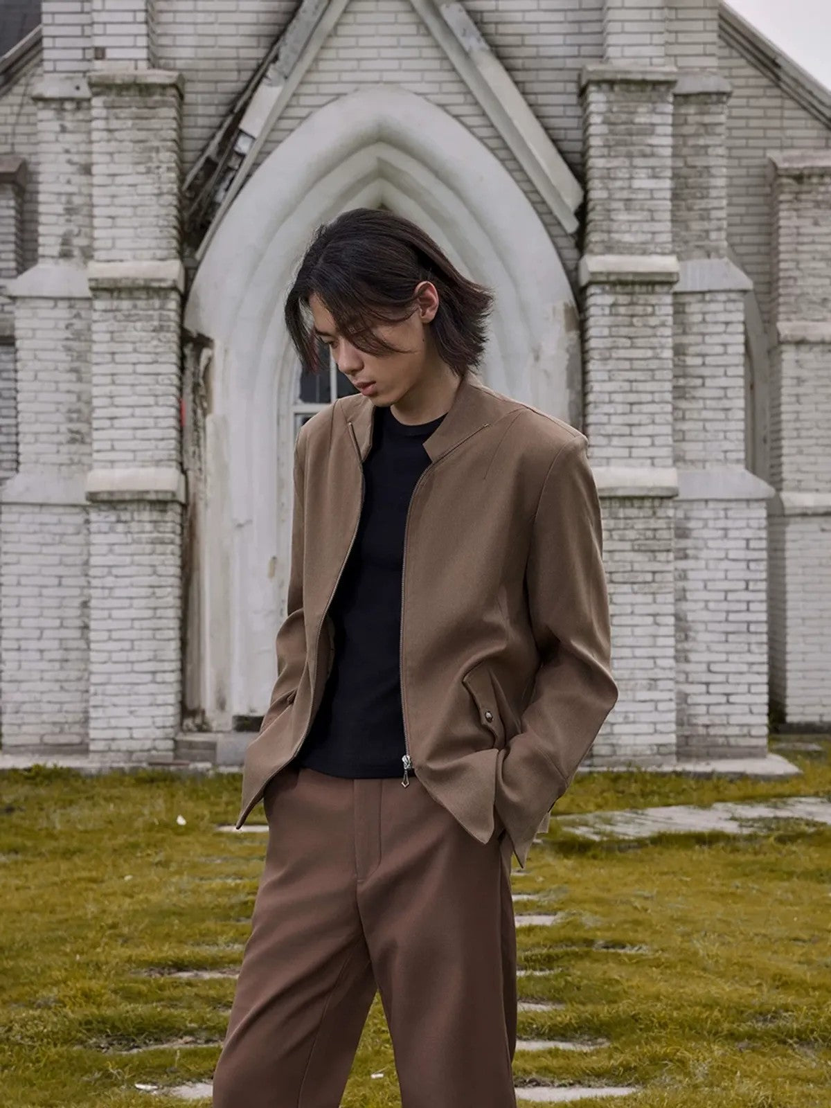 Y OFFICIAL Zip Stand Collar Jacket in Olive - On Male Model