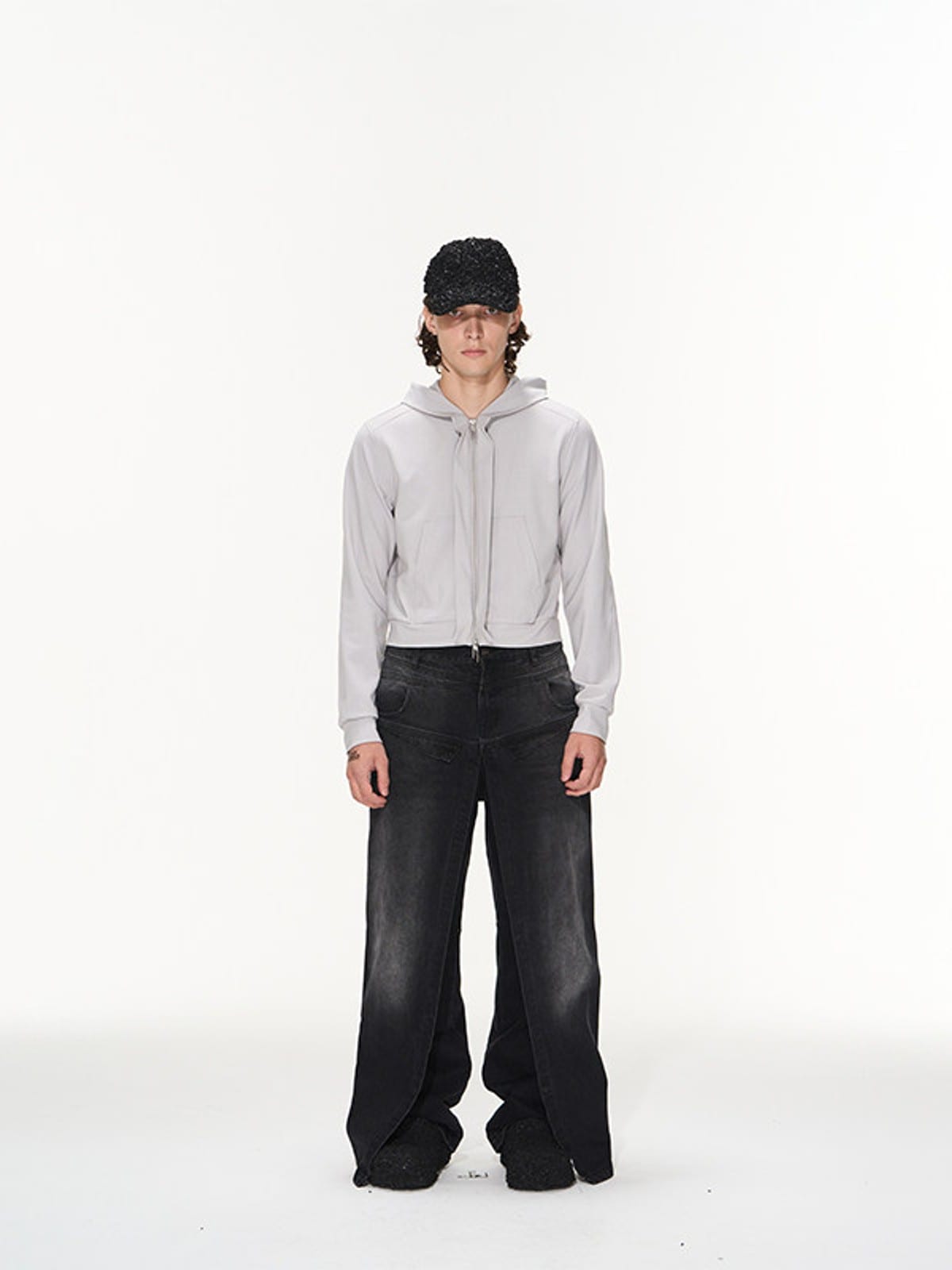 BLINDNOPLAN Cropped Zip Up Hoodie with Structured Trim in Gray - On Male Model