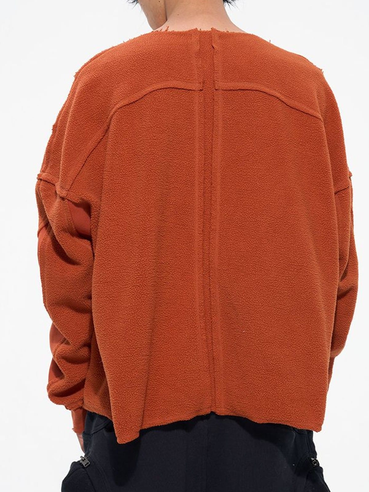 D5ove Distressed V Neck Fleece Sweatshirt in Orange - On Model