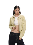 SweetChilling Fleece Lined Cropped Faux Leather Jacket in Beige - On Female Model