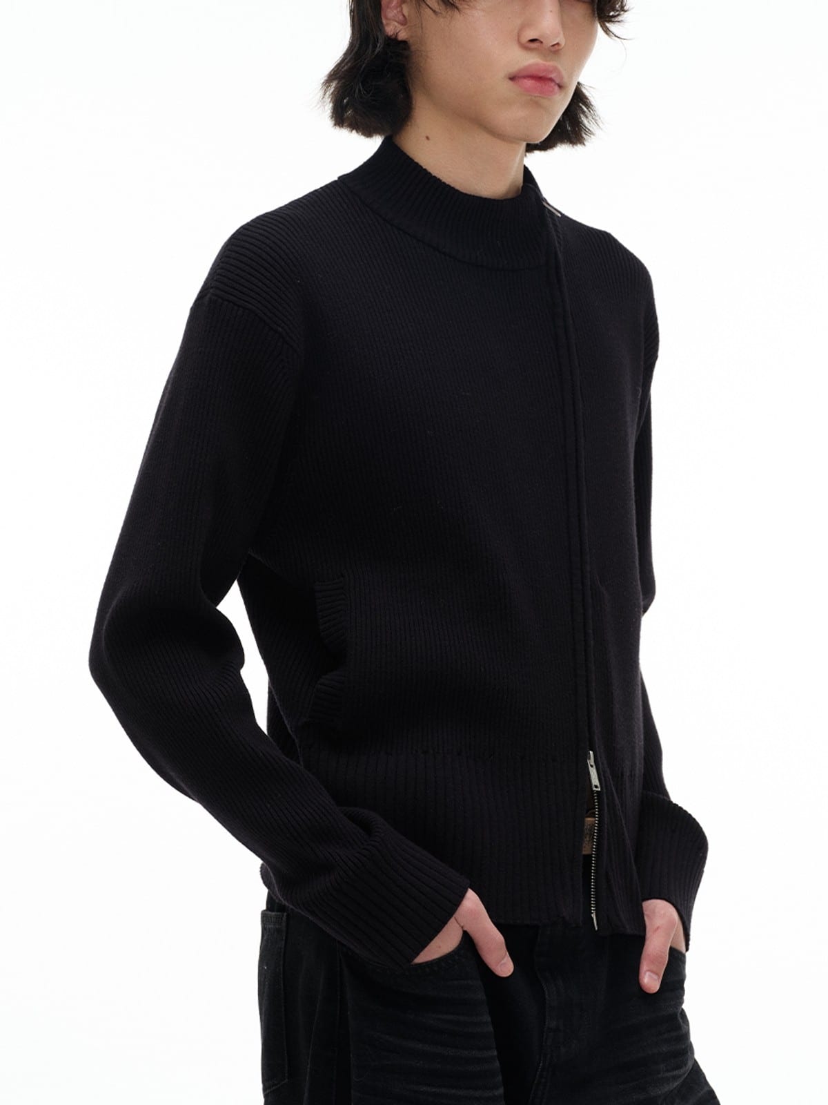 JCAESAR STUDIO Two Way Diagonal Zip Ribbed Sweater in Black - On Male Model