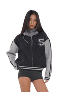 SweetChilling Colorblock Varsity Zip Up Cardigan in Gray - On Female Model