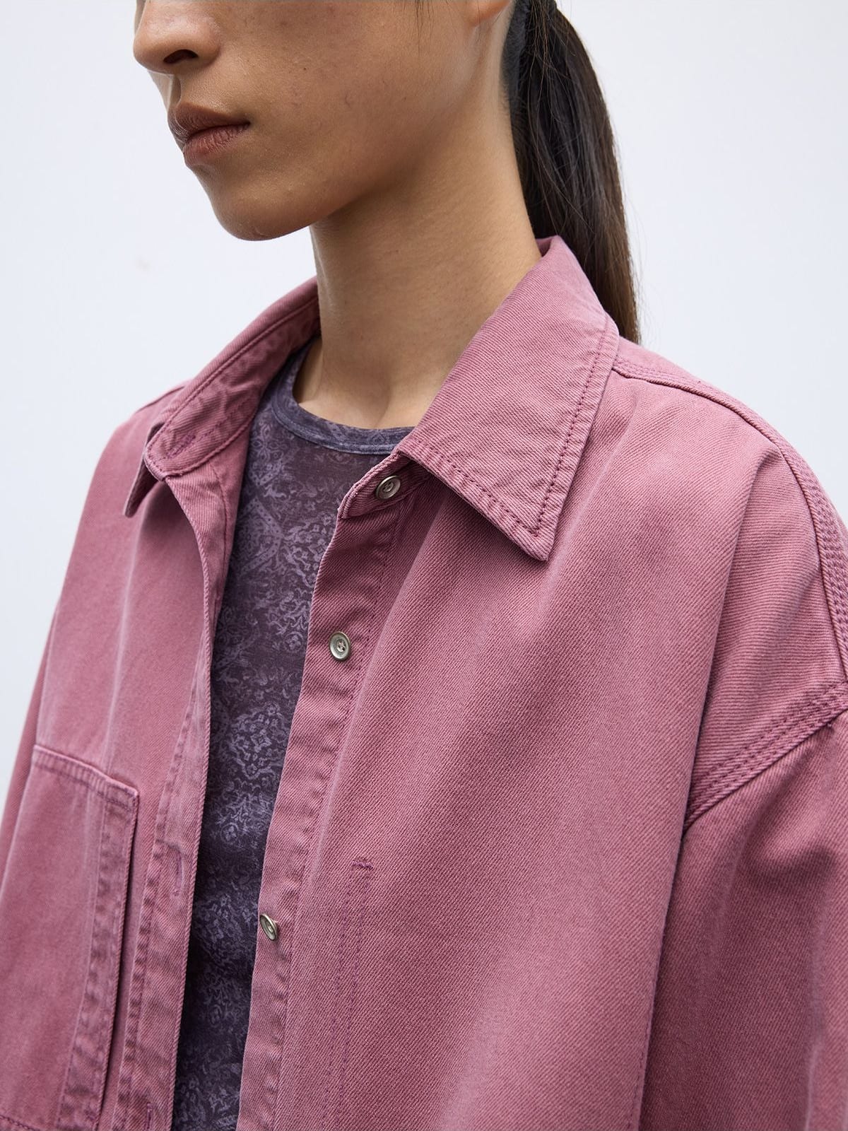 Random Piece Vintage Washed Cotton Blend Shirt in Pink - On Female Model