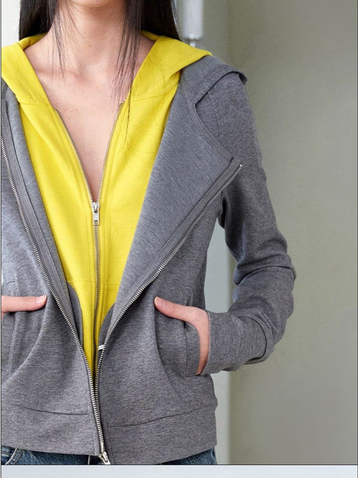 RARELY ALIKE Asymmetric Layered Color Block Hoodie in Dark Gray - On Female Model