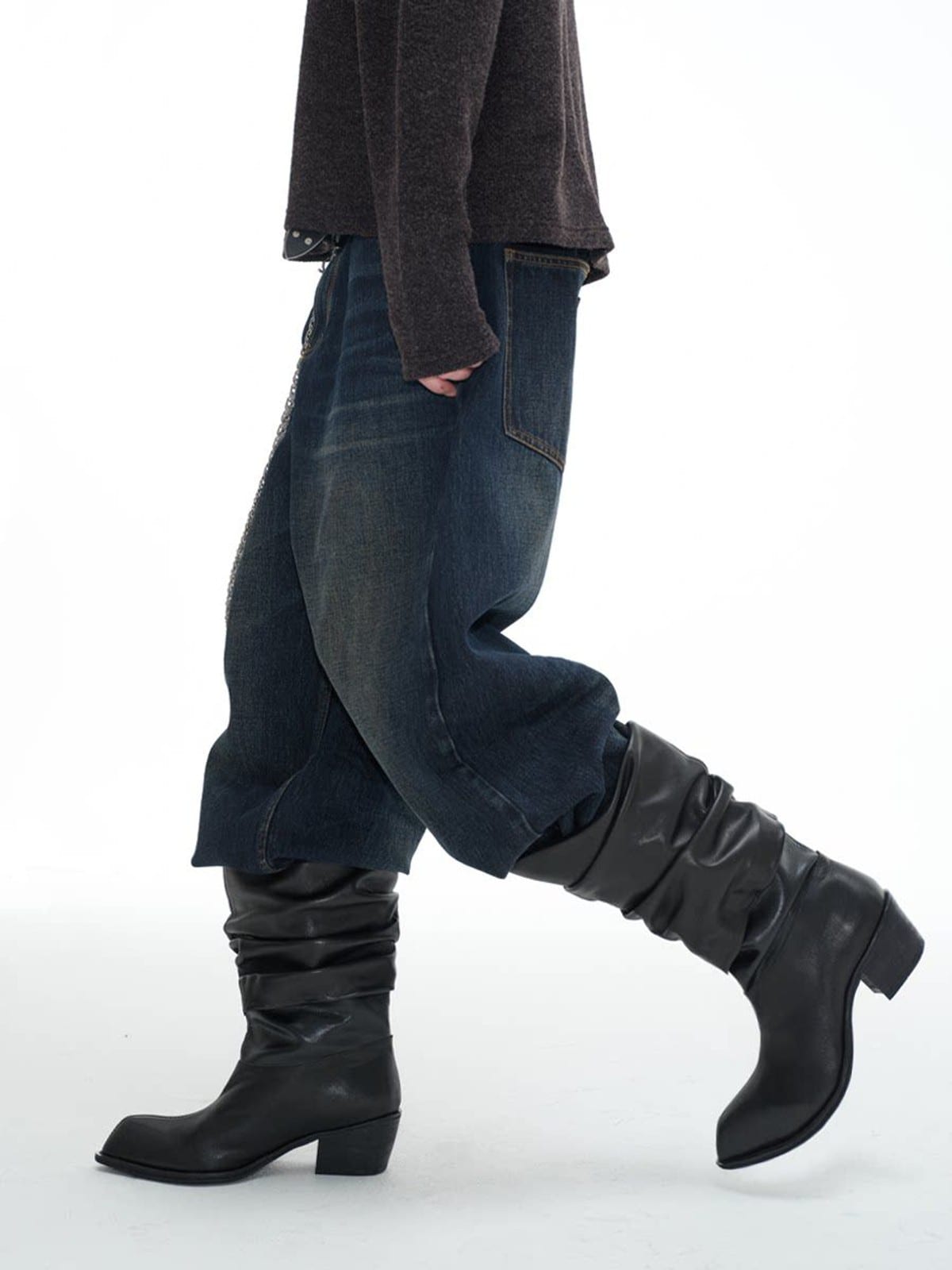 JCAESAR STUDIO Pleated Leather Fold Over Boots in Black - On Model