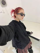 TRIANGLE PROJECT Pleated Patchwork Hoodie in Black - On Female Model