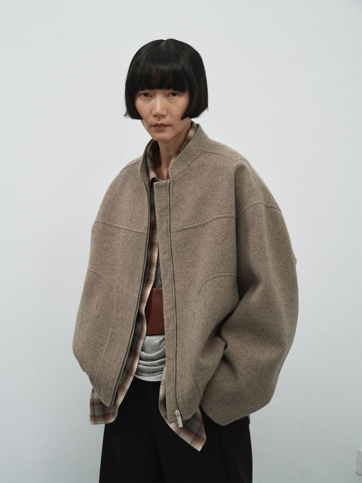 Random Piece Super 110S Wool Bomber Jacket in Brown - On Female Model