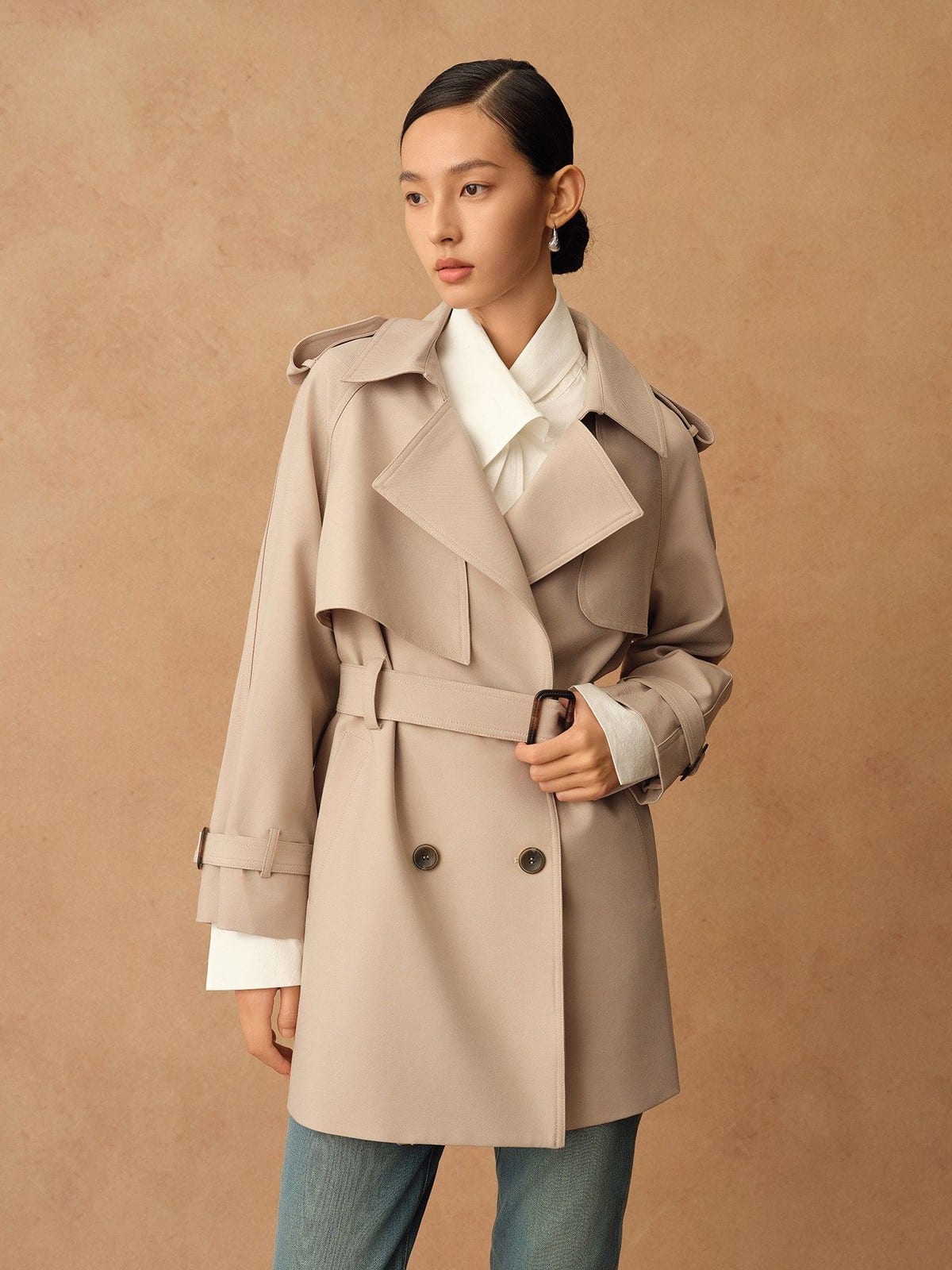 TEASEL Double Breasted Belted Trench Coat in Beige - On Female Model