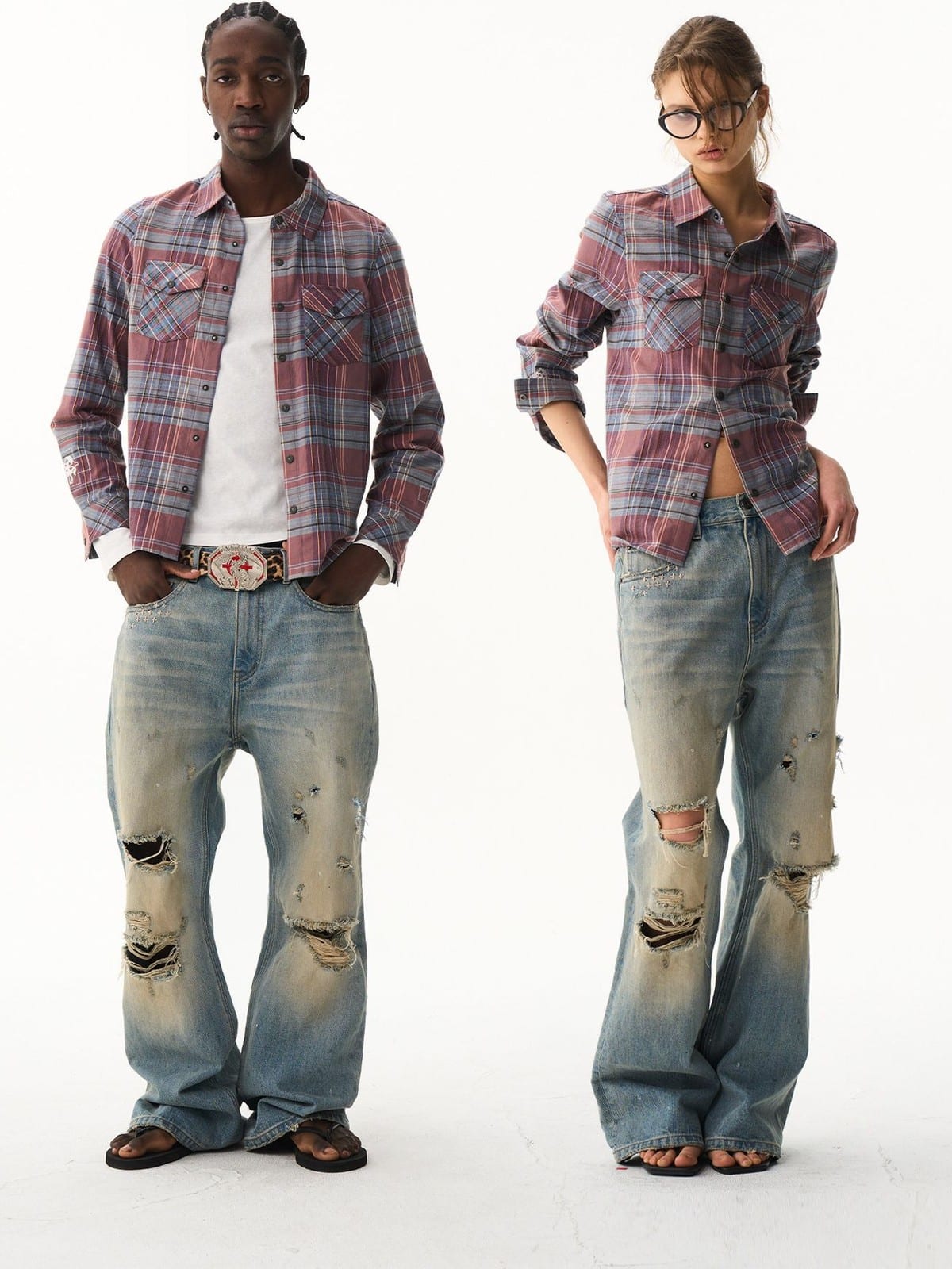 BLINDNOPLAN Cropped Plaid Button Down Shirt in Blue - On Model