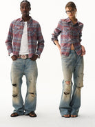 BLINDNOPLAN Cropped Plaid Button Down Shirt in Blue - On Model
