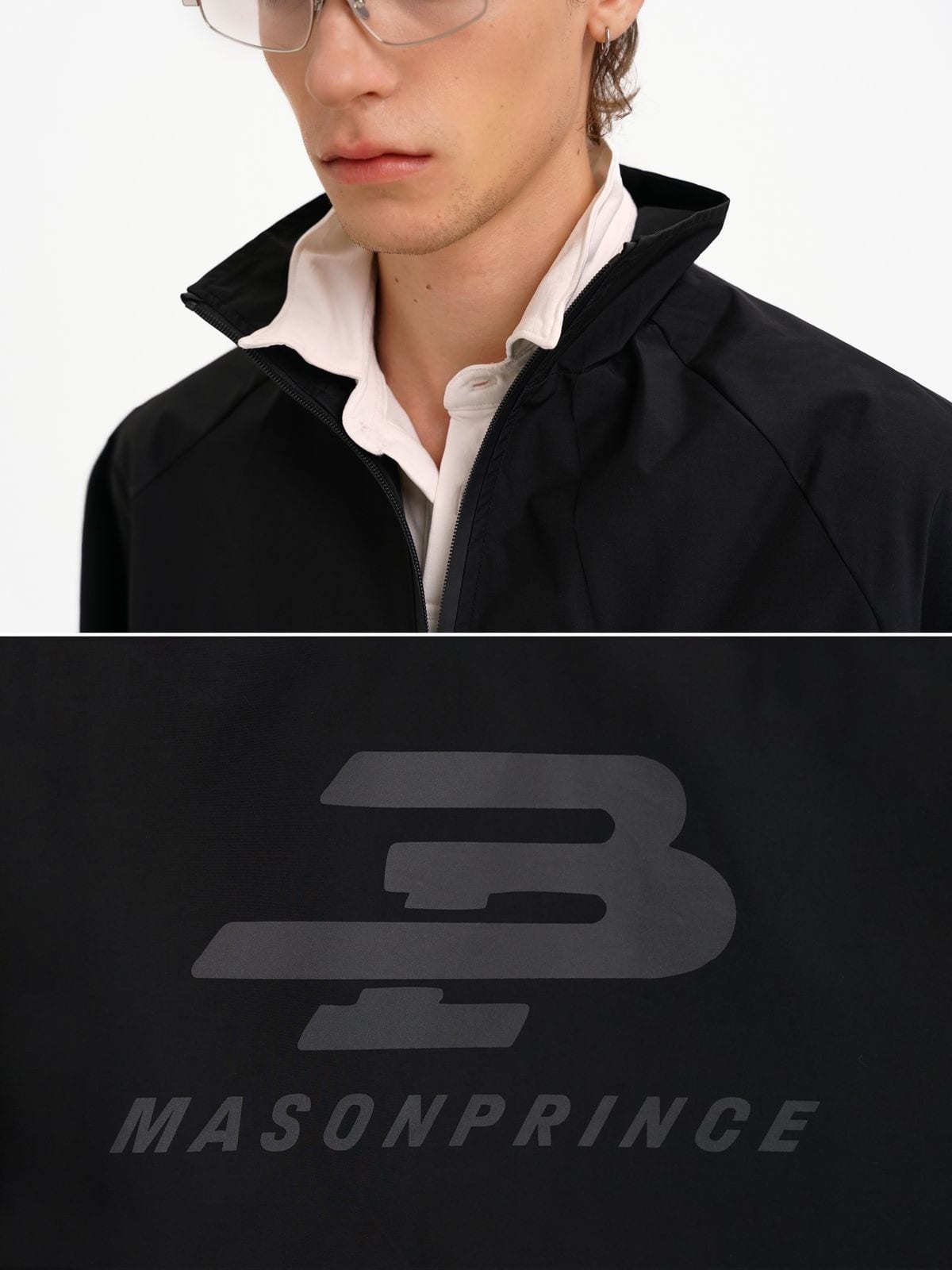 MASONPRINCE Stand Collar Windbreaker Pants Set in Black - On Male Model