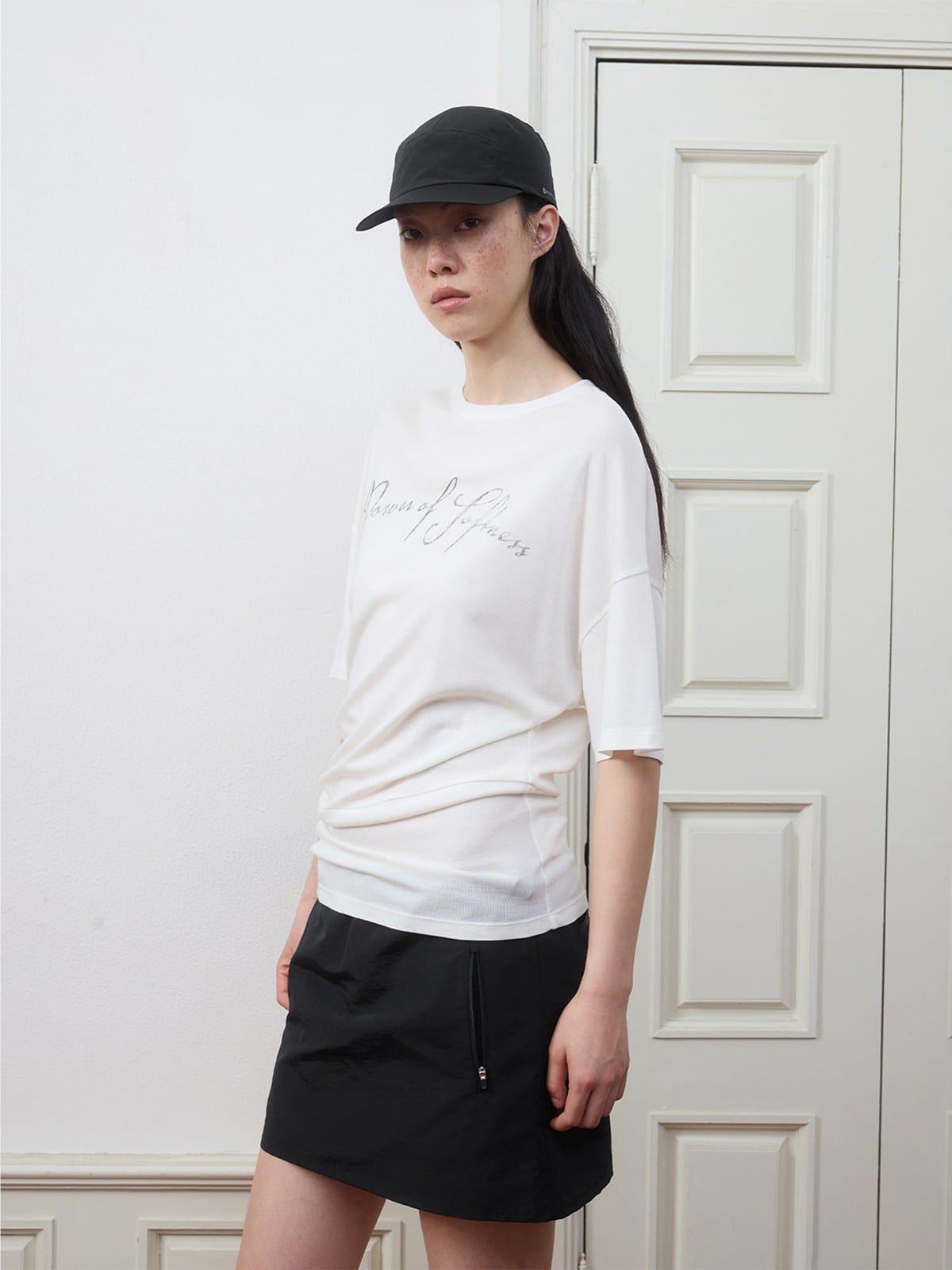 Random Piece Ruched Asymmetrical Graphic T Shirt in White - On Female Model