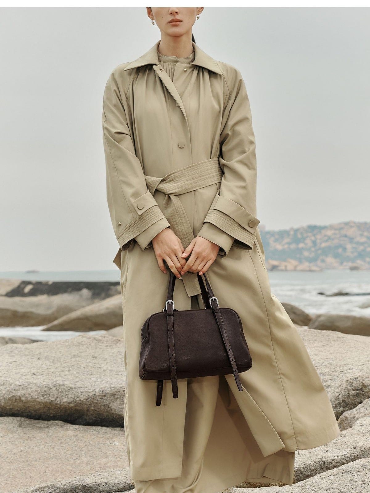 QIUZHEN Vegetable Tanned Kidskin Bowling Bag in Brown - On Female Model