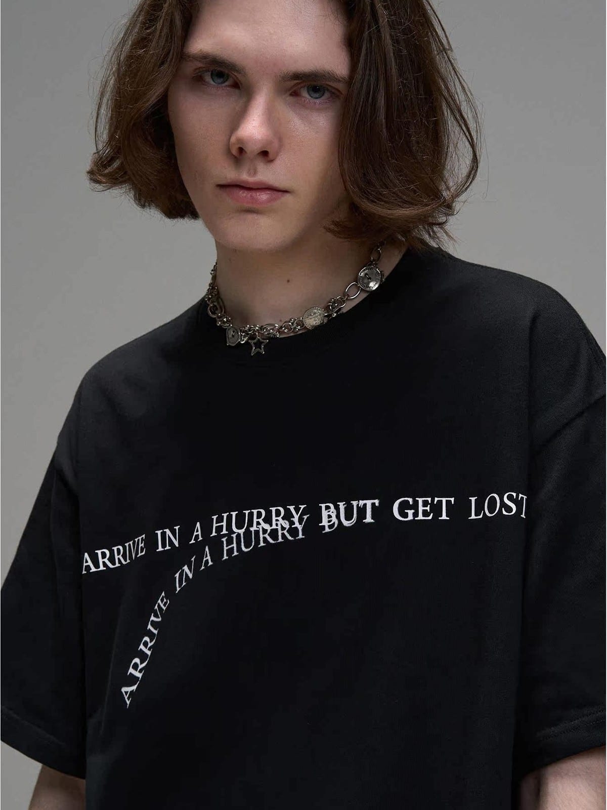 LOSTCTRL Heavyweight Letter Print T Shirt in Black - On Male Model