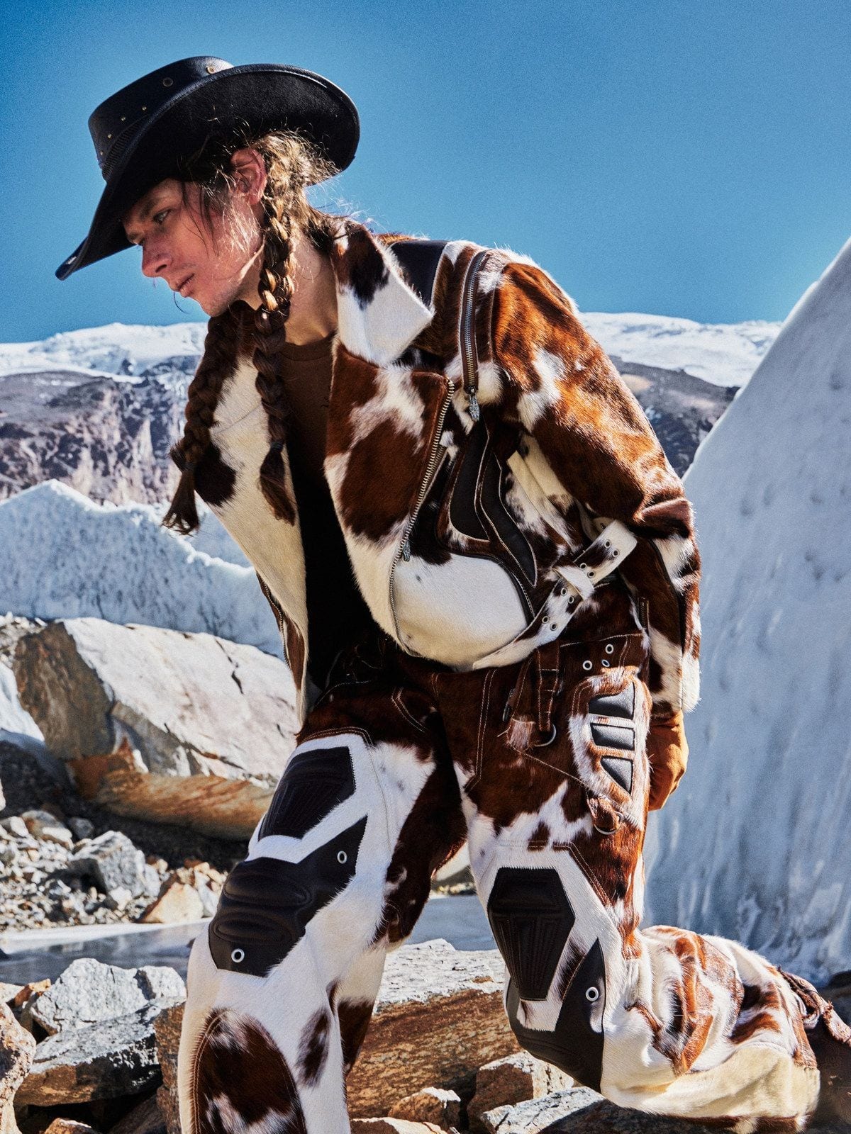 PERSONSOUL Cow Print Hair On Leather Biker Jacket in Brown - Lifestyle