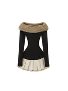 SweetChilling Fluffy Off the Shoulder Pleated Dress in Black