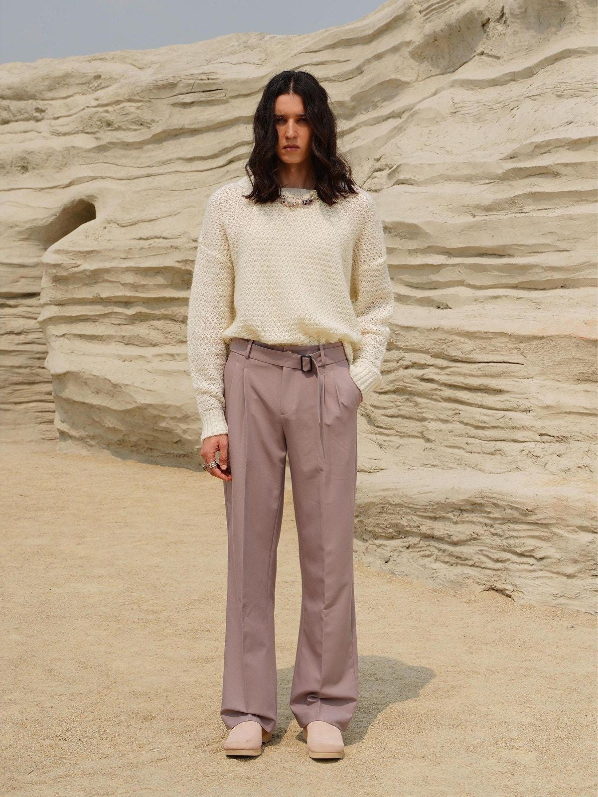 Retro 21 Pleated Straight Leg Trousers in Beige - On Male Model