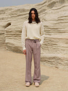 Retro 21 Pleated Straight Leg Trousers in Beige - On Male Model