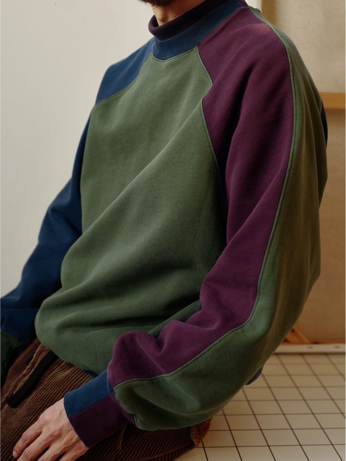 USAGE Colorblock Raglan Cotton Sweatshirt in Green - On Male Model