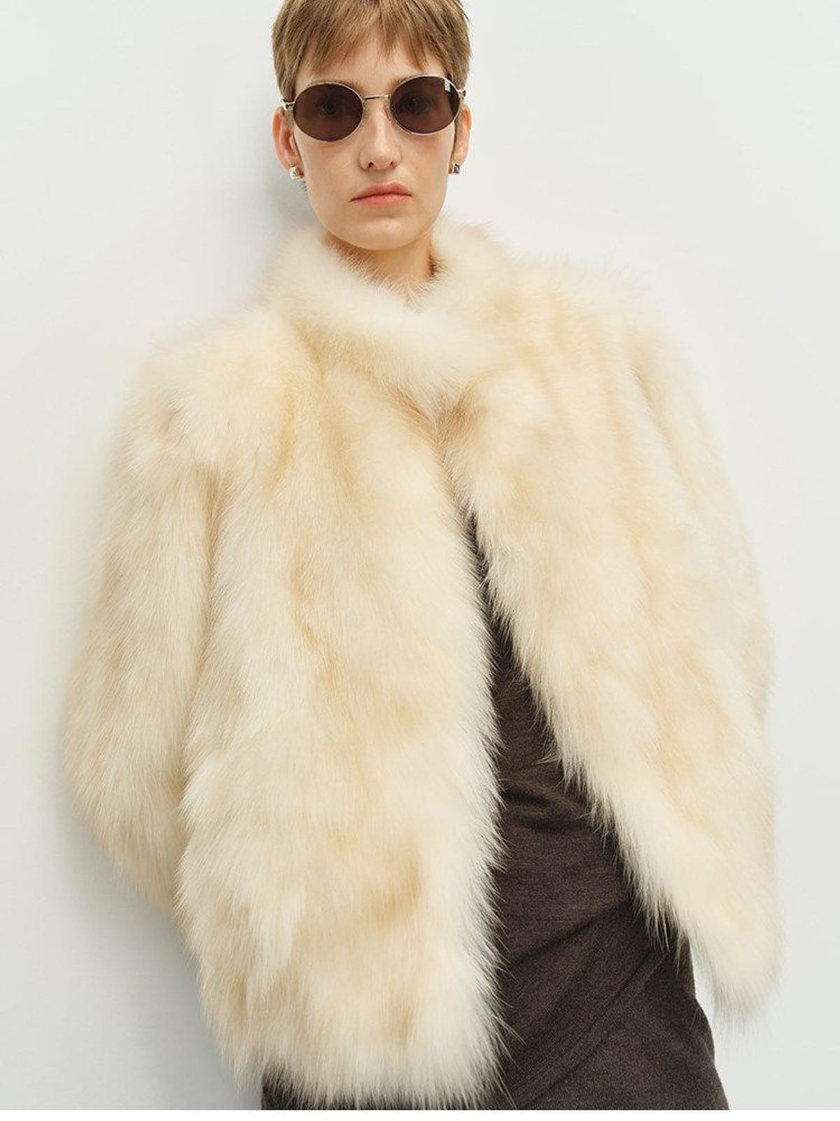 MSBEAST Stand Collar Fox Fur Jacket in White - On Female Model