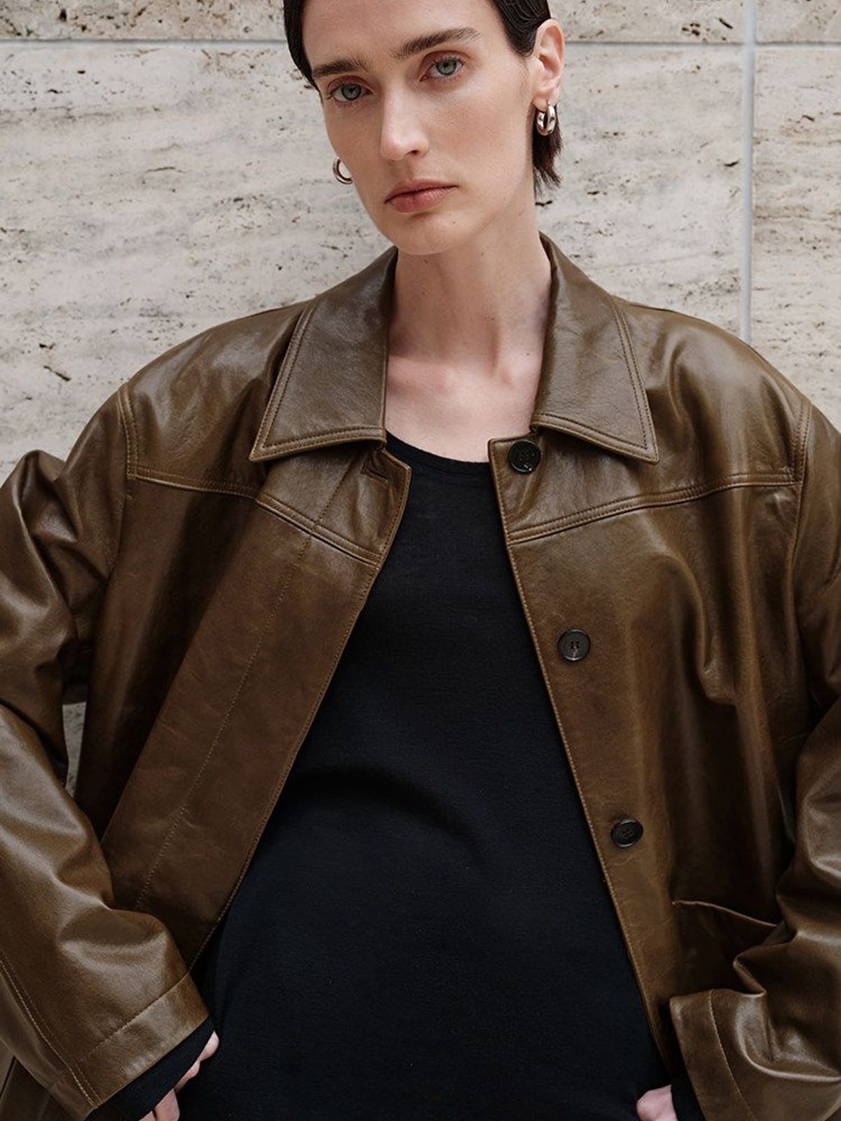 MSBEAST Mid Length Sheepskin Leather Jacket in Olive - On Female Model