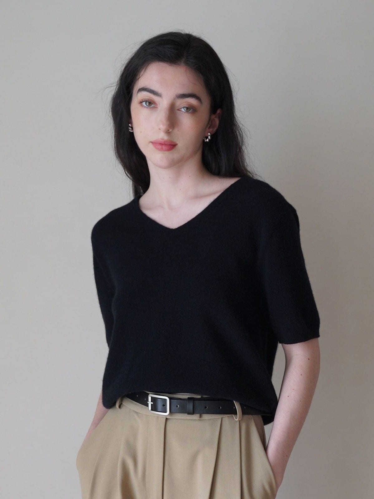 PANLULUPAN Matte Silver Buckle Cowhide Belt in Black - On Female Model