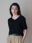 PANLULUPAN Matte Silver Buckle Cowhide Belt in Black - On Female Model