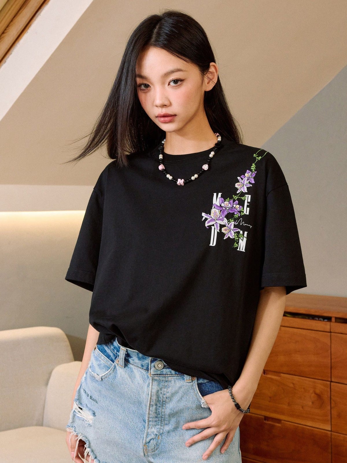 MEDM Floral Vine Embroidered T Shirt in Black - On Female Model