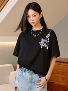 MEDM Floral Vine Embroidered T Shirt in Black - On Female Model