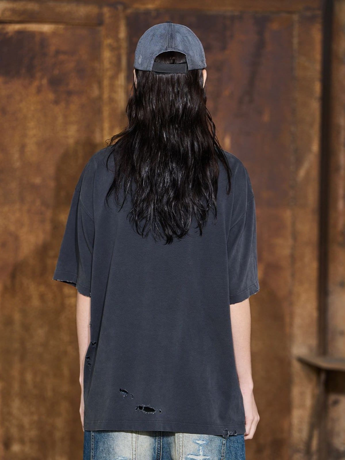 BLINDNOPLAN Distressed Washed Graphic Cotton T Shirt in Gray - On Model
