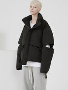 LOSTCTRL Deconstructed Down Blend Puffer in Black - On Female Model