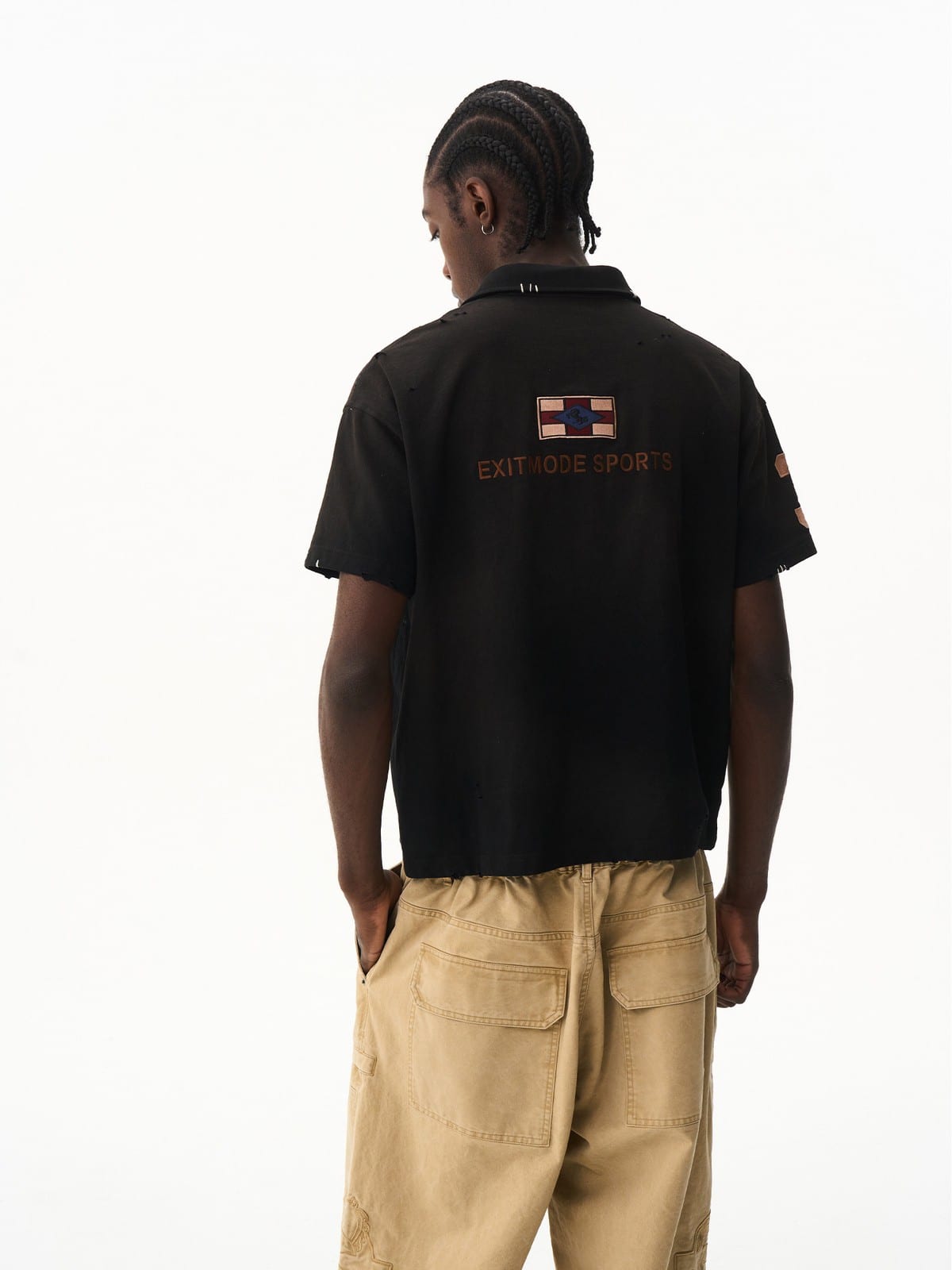 BLINDNOPLAN Distressed Embroidered Cotton Polo in Black - On Model