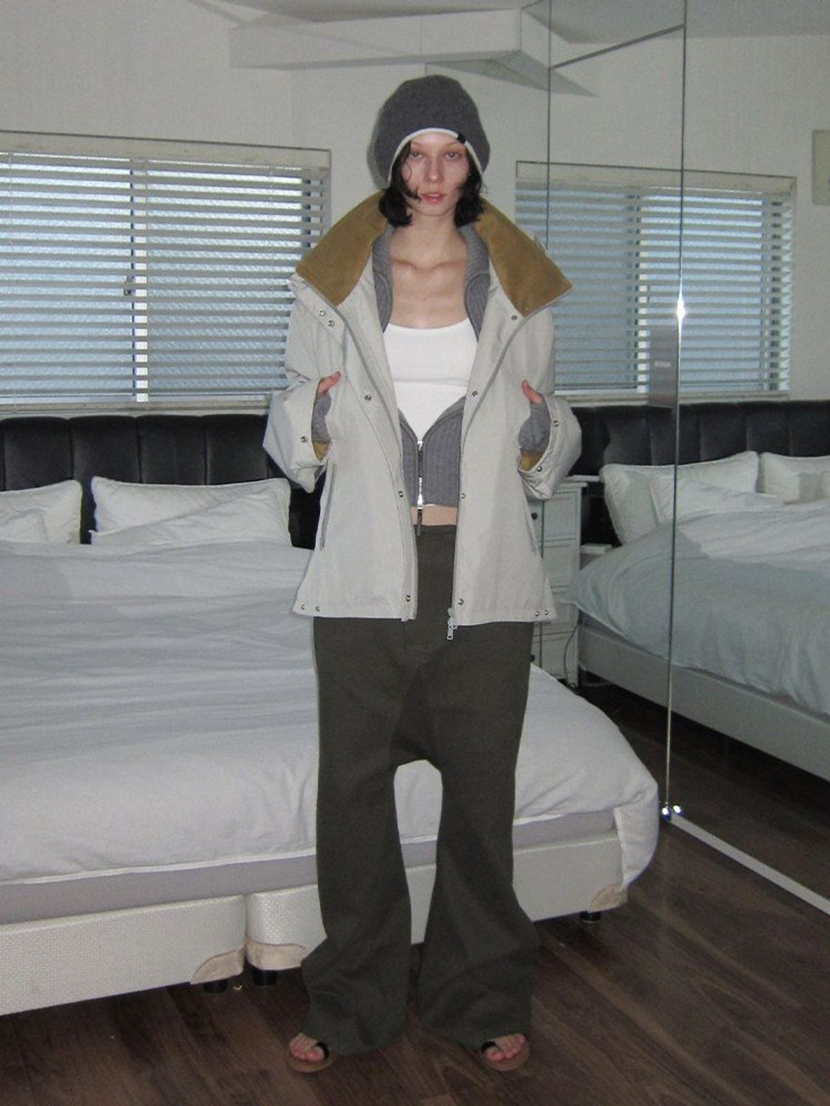 RARELY ALIKE Fleece Lined Hooded Windbreaker in Gray - On Female Model