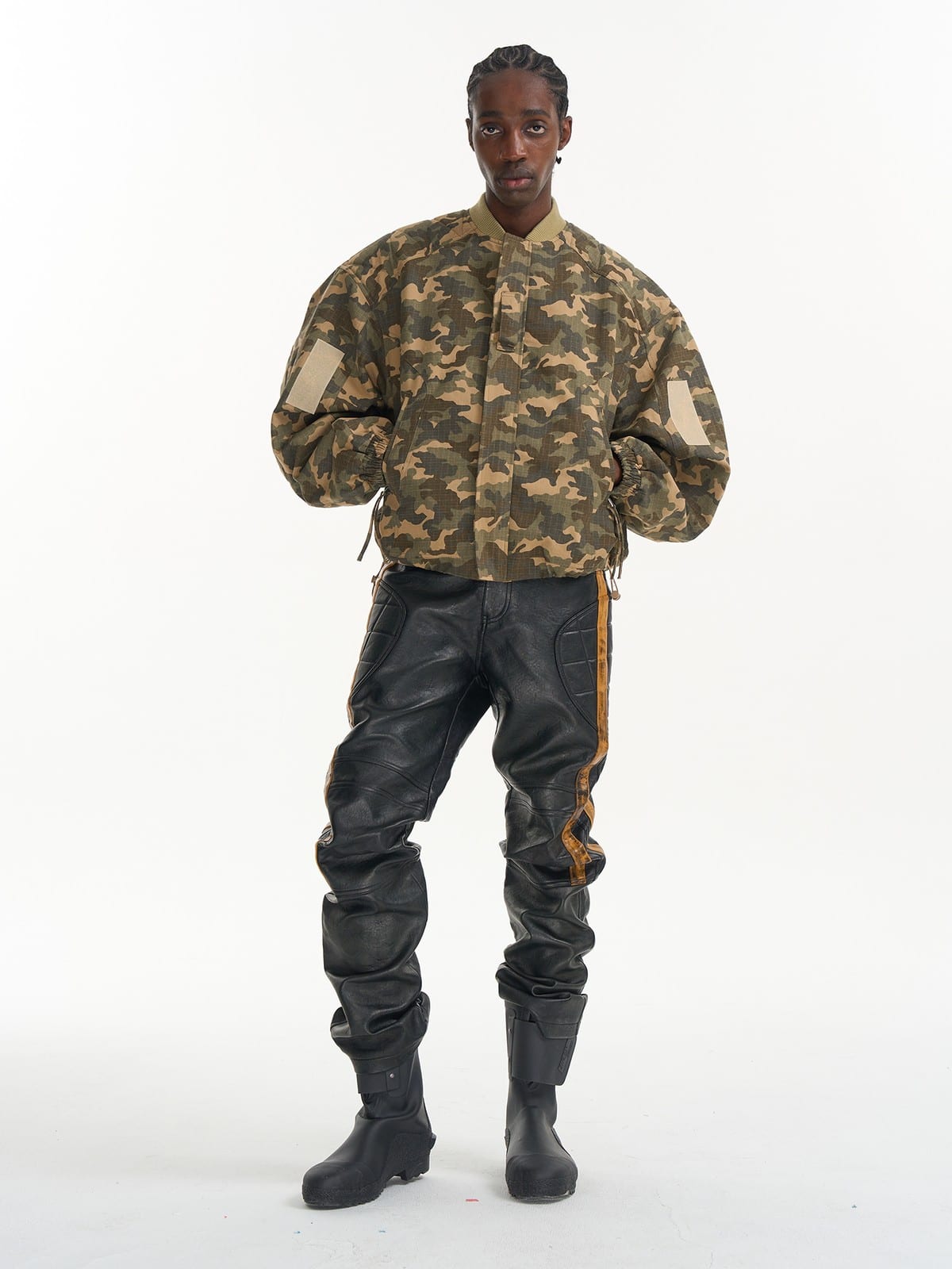 BLINDNOPLAN Heavyweight Cotton Camouflage Bomber in Beige - On Male Model