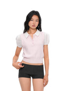 SweetChilling Mock Layer Polo Knit Crop Top in Pink - On Female Model