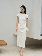 TEASEL Ruched Cotton Blend Knit Dress in Cream - On Female Model