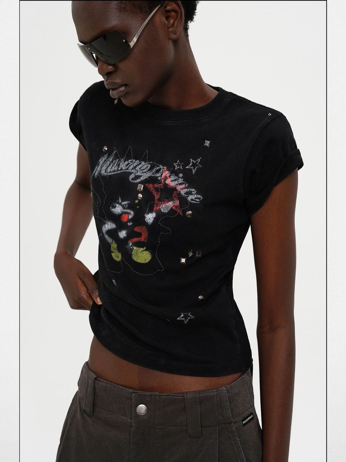 MASONPRINCE Reversible Parody Graphic Cotton T Shirt in Black - On Female Model
