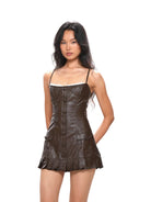 SweetChilling Glossy Faux Leather Slip Dress in Brown - On Female Model