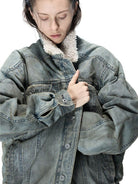 D5ove Faux Fur Collar Distressed Denim Jacket in Gray - On Female Model