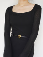 PANLULUPAN Adjustable Thin Leather Belt in Black - On Female Model