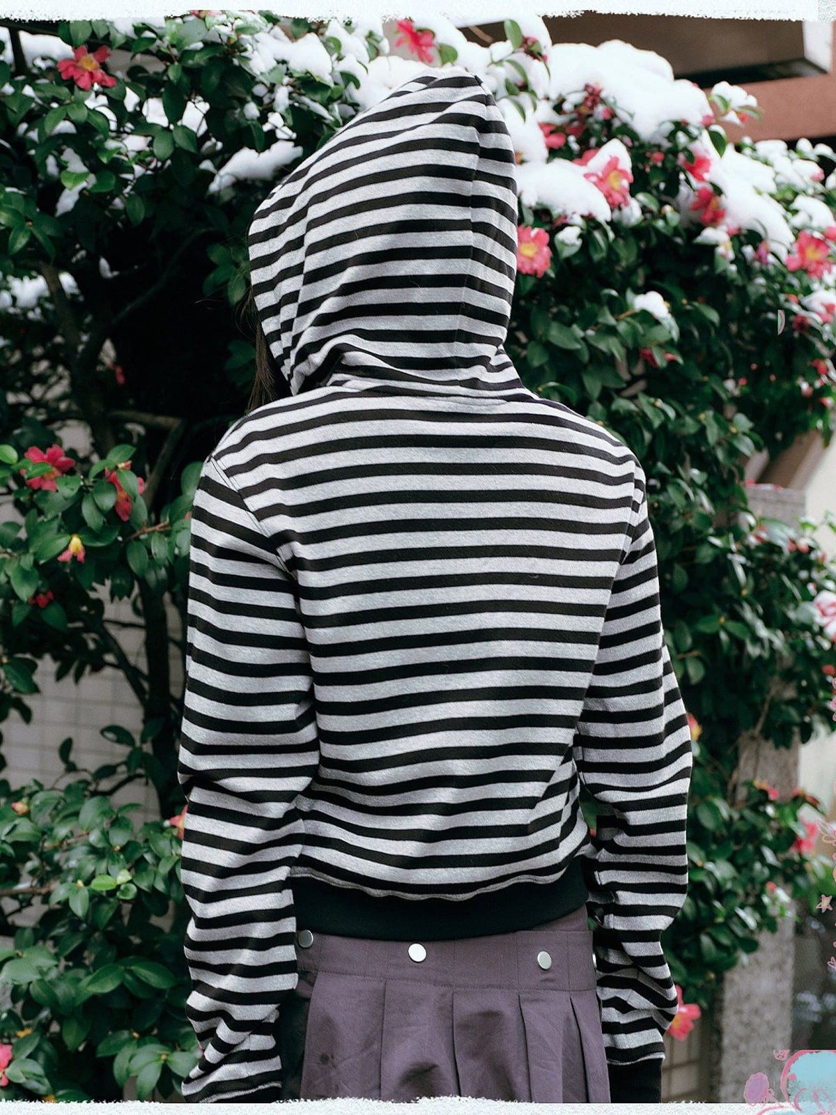 MEDM Cropped Striped Applique Zip Hoodie in Black - On Model