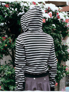 MEDM Cropped Striped Applique Zip Hoodie in Black - On Model