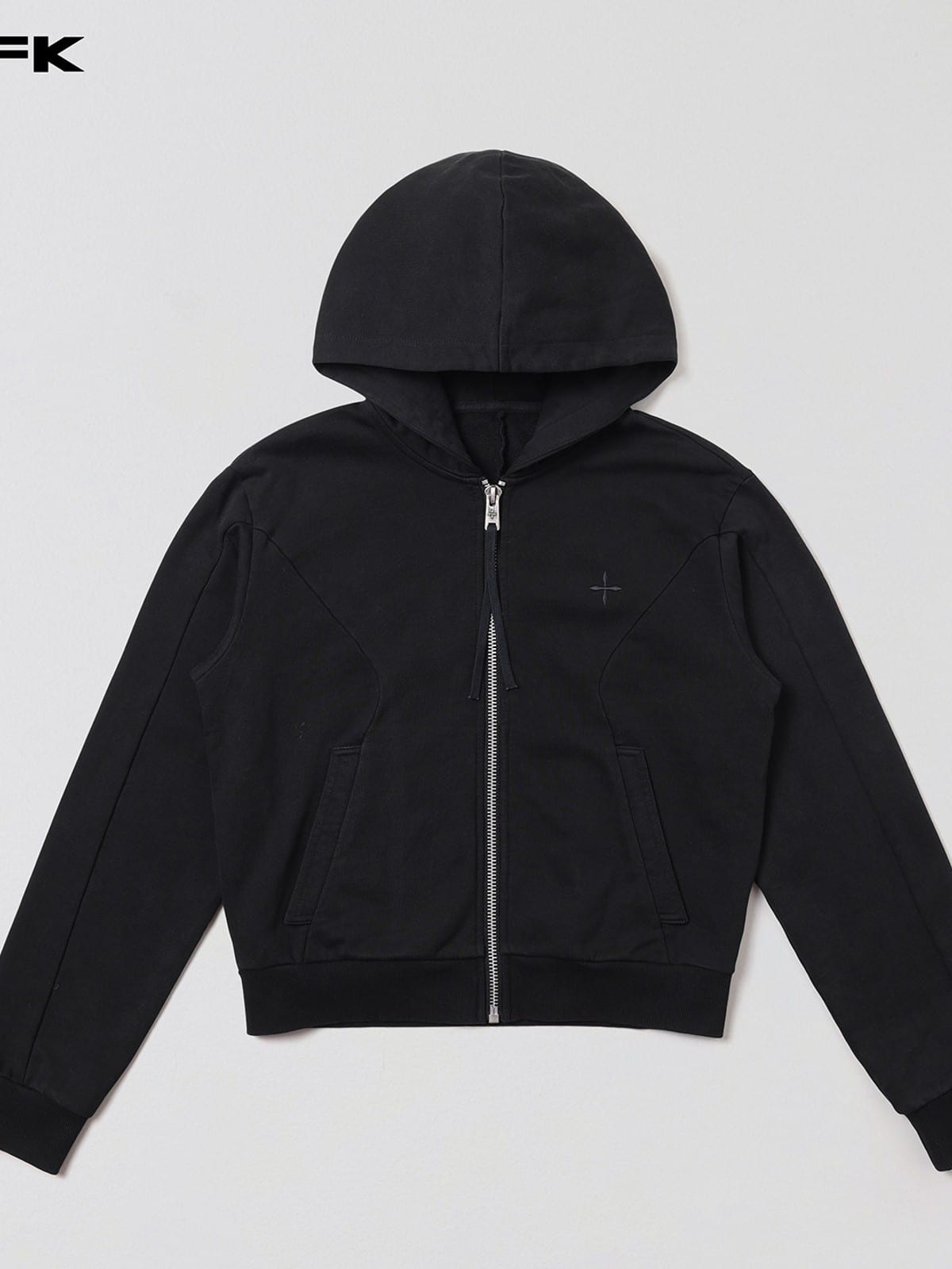 SMFK Embroidered Cropped Zip Up Hoodie in Black
