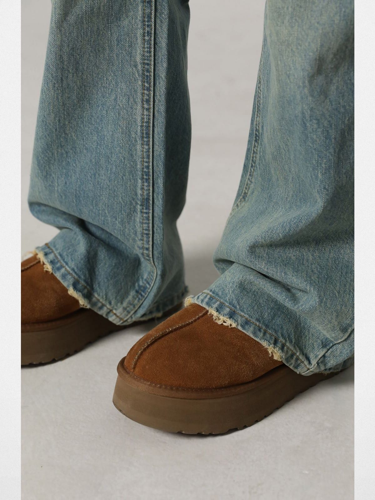 MASONPRINCE High Waisted Distressed Flared Jeans in Denim - On Model